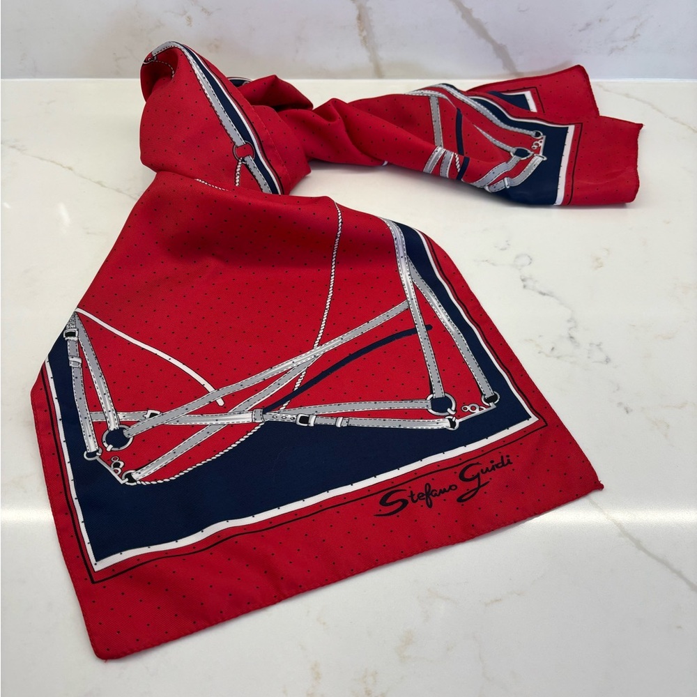 Vintage Stefano Guidi Oblong Equestrian Scarf Red White Blue